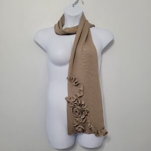 NWT Talbots Women's Scarf Wool Blend Metallic Gold Tan Rosettes 3D Ruffles